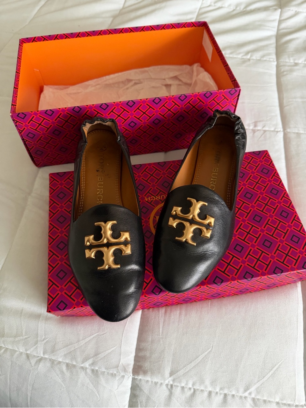 Tory Burch Black Leather Flats with Gold Logo Hardware